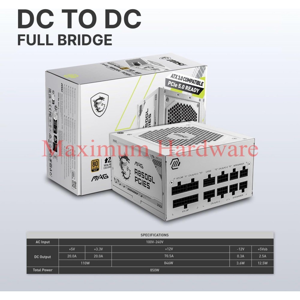 MSI MAG A850GL - 850W - PCI 5 - 80 PLUS GOLD - ATX 3.0 White