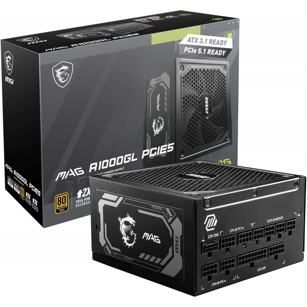 MSI MAG A1000GL - 1000W - PCI 5 - 80 PLUS GOLD - ATX 3.1 & PCIE 5.1 Ready