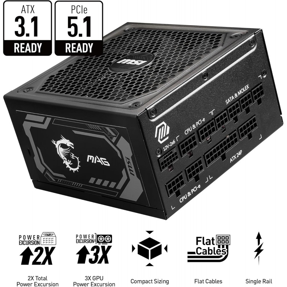 MSI MAG A1000GL - 1000W - PCI 5 - 80 PLUS GOLD - ATX 3.1 & PCIE 5.1 Ready