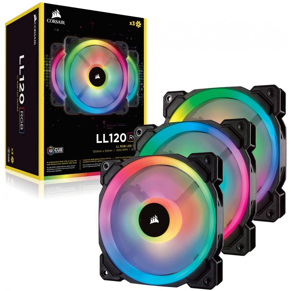 Corsair LL120 RGB, 120mm Dual Light Loop RGB LED PWM Fan, 3 Fan Pack with Lighting Node PRO Corsair LL120 RGB, 120mm Dual Light Loop RGB LED PWM Fan, 3 Fan Pack with Lighting Node PRO