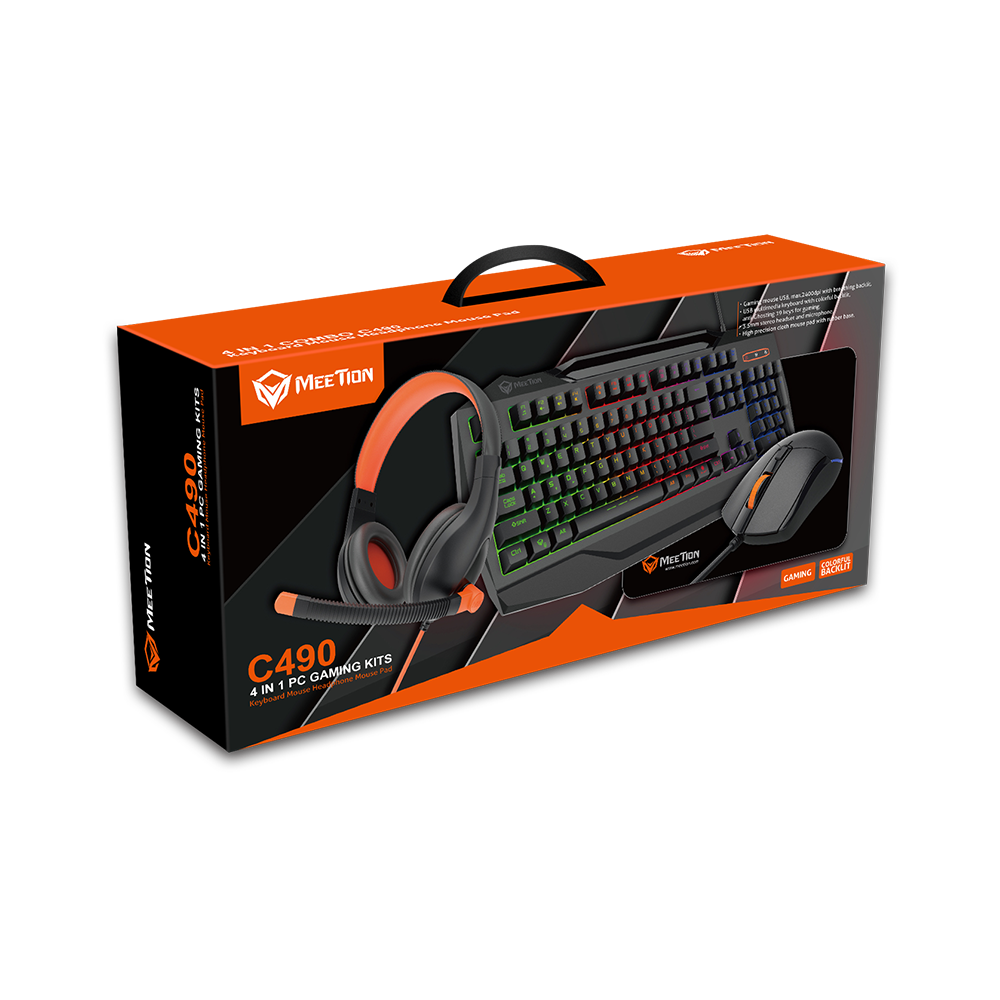MeeTion MT-C490 4In1 Wired Backlit Gaming Set, Keyboard, Mouse, Mouse Pad, Headset