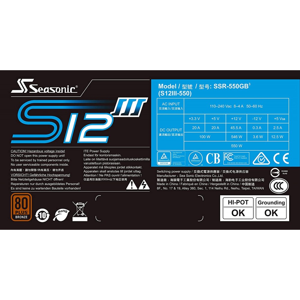 Seasonic S12III-550 - 550W - 80 plus Bronze Non-Moduler